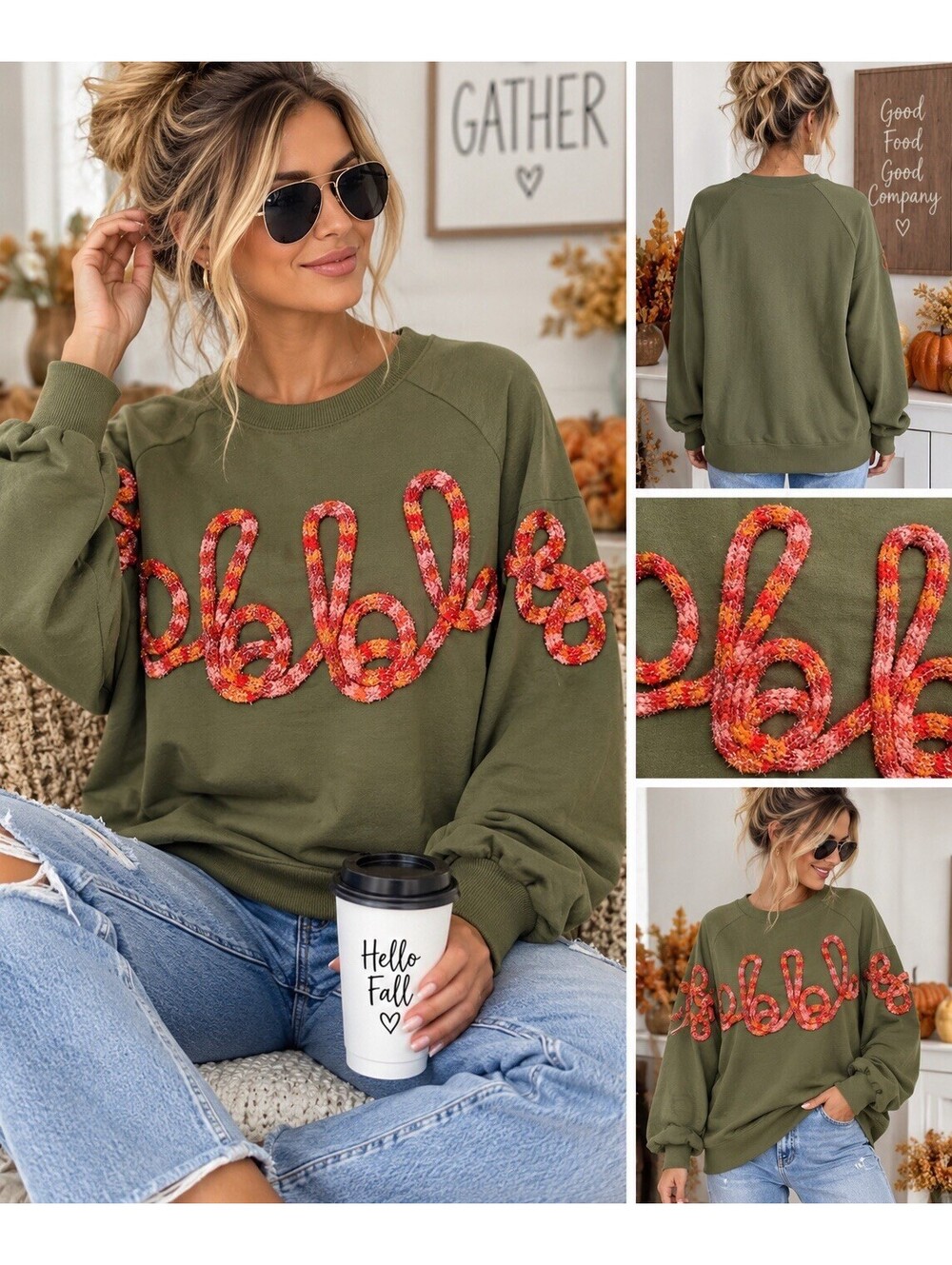 Fantastic Fawn S Gobble Thanksgiving Sweatshirt Olive Chenille Tinsel Fall
